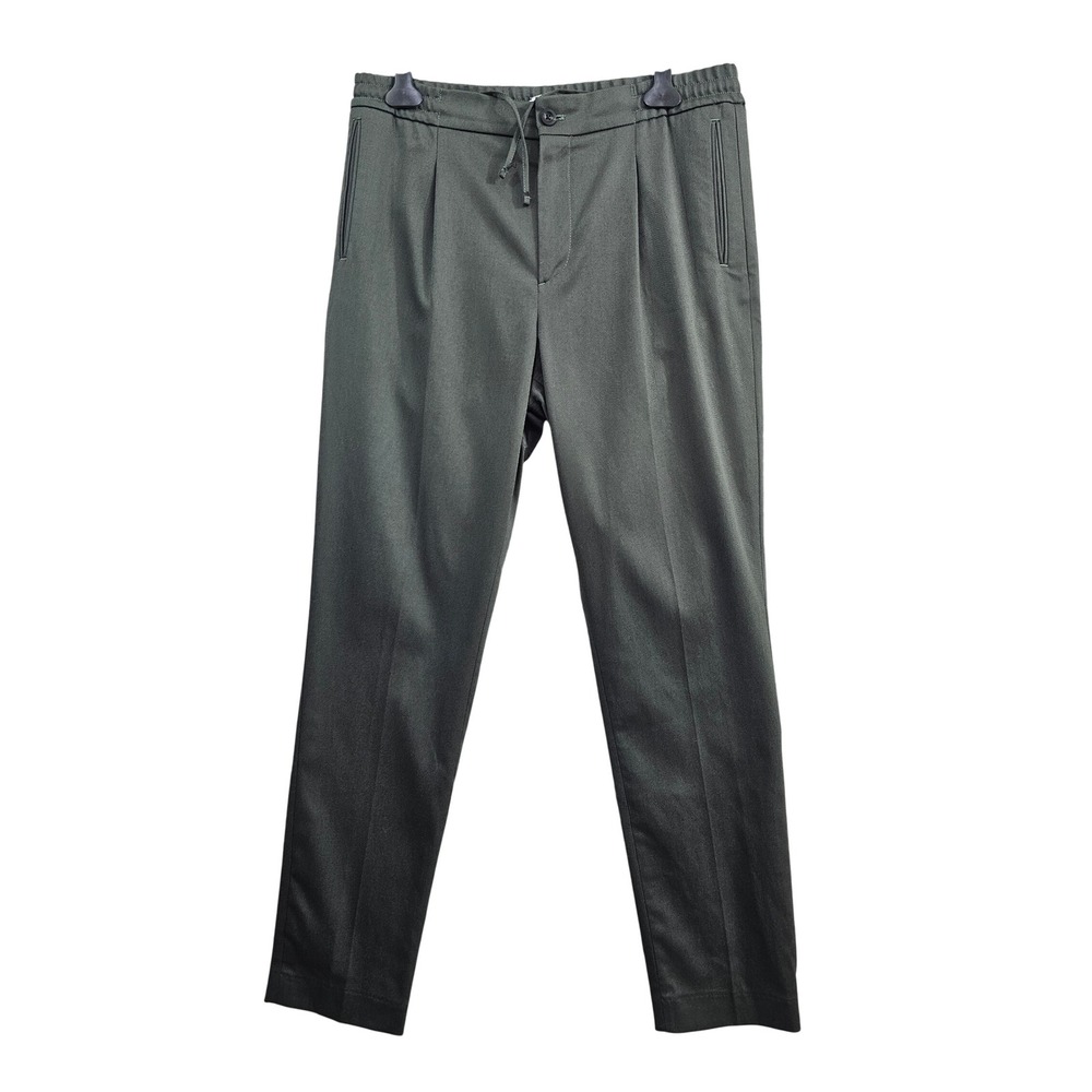 Mr P. Pleated Wool Blend Trousers Mens 34 Olive Green Drawstring Tapered Chinos